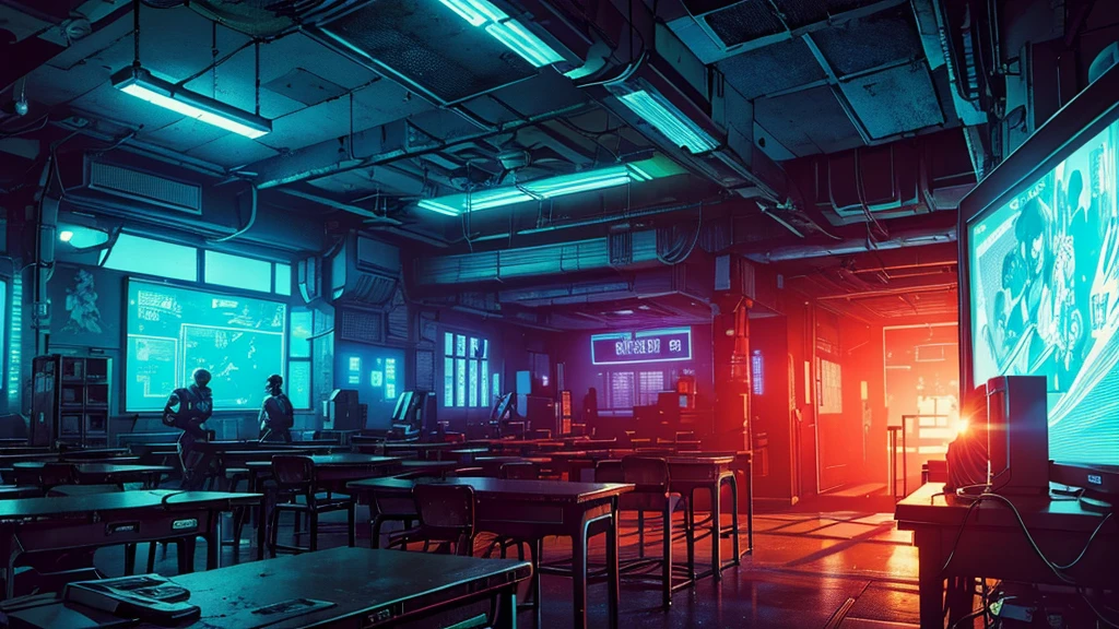 comic book style, no human, classroom cyberpunk style, abandoned classroom, high-tech computers, neon lights, glowing consoles, holographic displays, futuristic technology, detailed machinery, atmospheric lighting, gritty textures, moody colors, cinematic composition, intricate details, masterpiece, 8k, photorealistic