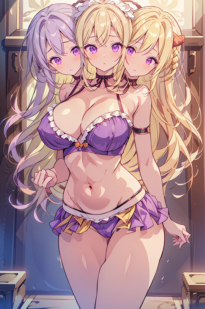 (masterpiece, best quality), best quality, (ultra-detailed), (3heads:1.5), 1girl, (yakumo yukari:1.3), masterpiece, best quality, ultra quality, ultra resolution, ultra detail, purple top, crop top, ((stomach)), midriff, ((groin)), purple skirt, frilled skirt, normal ears, shackles, blonde hair, very long hair, wavy hair, sidelocks, purple eyes, parted lips, open belly, sweat, cute, toned belly, hand on own chest, eyelashes, (24 year old woman:1.3), (masterpiece:1.5), (best quality:1.5), (beautiful detailed), extremely detailed CG, extremely delicate and beautiful, depth of field, (finely detailed face), (perfect details:1.2), (mature female:1.3), wide pelvis, slender, large veiny breast, 16k resolution, highres, high quality, high definition, extremely detailed, masterpiece, best quality, blonde hair, long hair, alluring presence, braid, short skirt, close up, very big tits, huge tits, young, frills, hat, hat ribbon, midriff, nsfw, ((blonde)),
