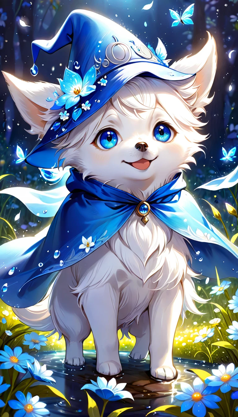 absurdres, highres, ultra detailed, HDR, master piece, small dog, white dog, expressive blue eyes, magical hat, cute, best quality, blue moon, flowers, fantasy, magical, solo, water, blue shining fireflies, blue petals, cape, the word "Krozseria" is written on his cape