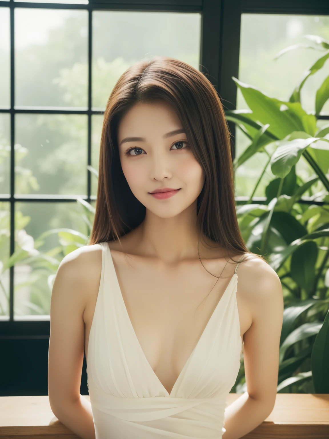 ((best quality, 8K, masterpiece: 1.3)), beautiful woman, pure, melon face, kind and cute, sweet smile, pure desire, slender body, (((Random body direction))), (tilted head), ((looking at camera)), pure desire, wearing a Transparent random color short dress, black silky long hair, long flowing shoulders, round black big eyes, clear big eyes, moist red lips, sweet, sitting in a lounge, Decorated with brightly colored flowers cafe window background, 28 years old, ((chest to head shot)), Bodies facing random directions,