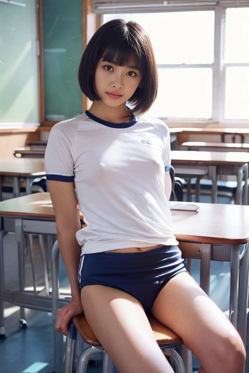 8k、high resolution、masterpiece、realistic、In detail、Fine texture、portrait from head to toe、high contrast、alone、high school girl、natural body shape、white skin、natural makeup、black hair、blunt bangs、short bowl cut hair、((School-specified gym clothes)),((Upper body in white gym clothes、Long length、short sleeve、There is a navy blue line))、((The lower body is navy blue tight bloomers))、sitting on the study desk、(spread pussy to the side:1.5),small breasts、((school classroom))、looking at the camera、、full body photo、focus on crotch、thighs exposed、white socks、white shoes、(no bra),(braless),
