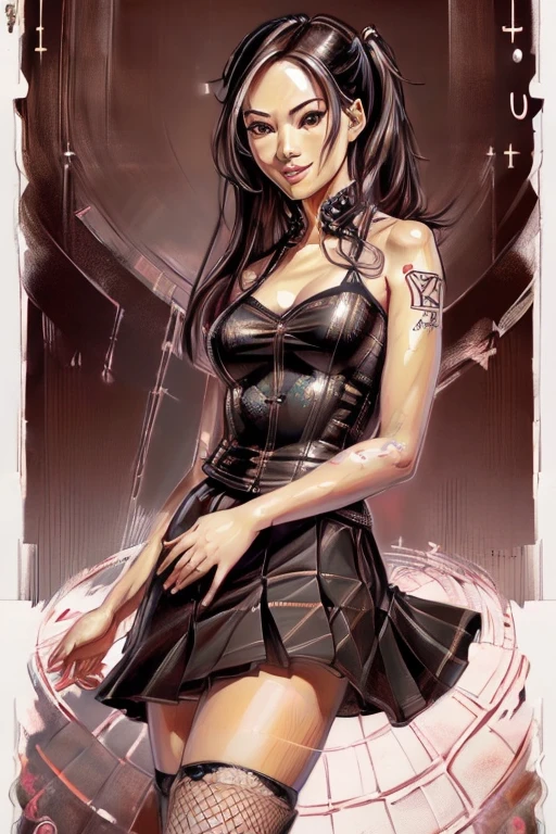 (rule of thirds:1.4),((hyper-realistic illustration:1.4)). Pretty 27 yo Chinese woman, Short, beautiful figure, cute butt. (smile), Jacket, blouse, ruffle skirt, fishnets, high heels. Masterpiece, best quality,(highly detailed:1.2),(detailed face and eyes:1.2), depth of field, 8k wallpaper, natural lighting, core shadows, high contrast, bokeh.