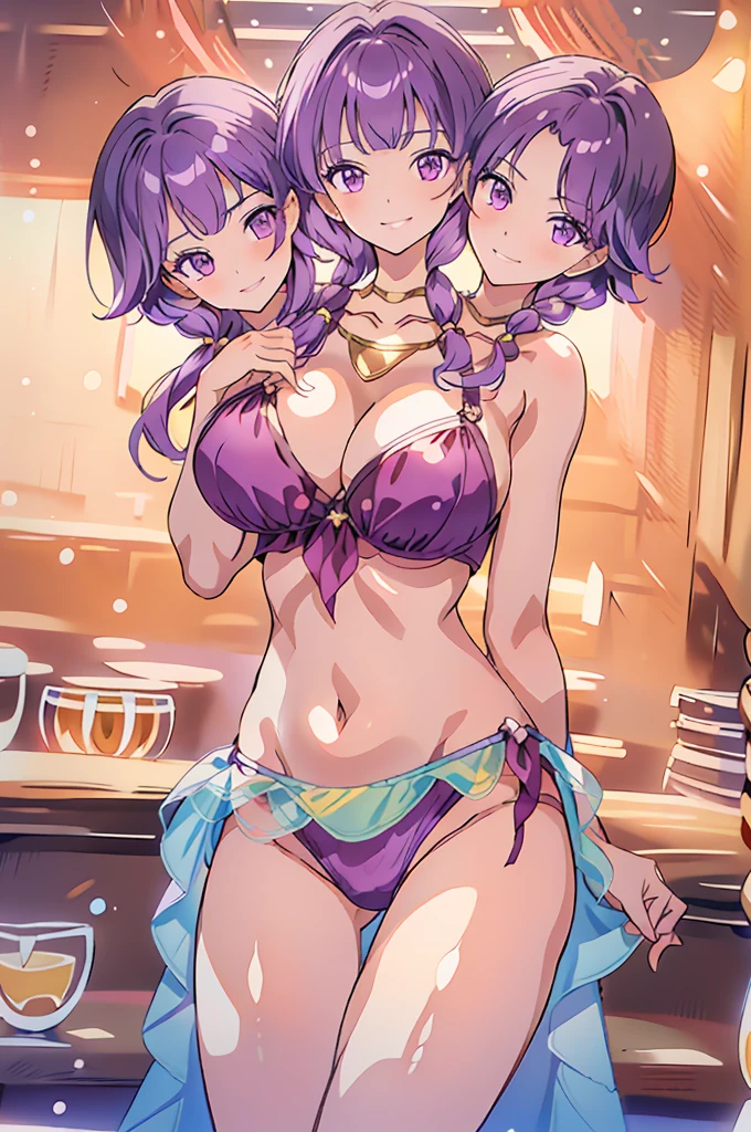 masterpiece, (3heads:1.5), 16K, best quality, FELute, necklace, cowboy shot, looking at viewer, smirk, swimsuit, purple bikini, open breasts, huge tits, sexy pose, alluring presence,