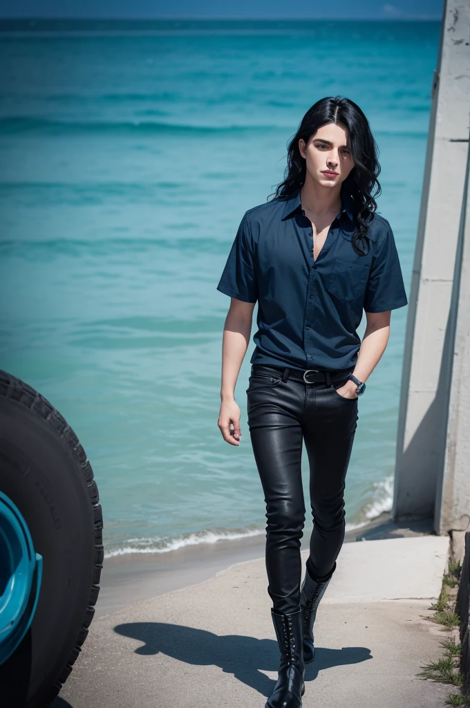 Black hair with waves,blue colored eyes,wearing a dark blue shirt in a turquoise tone,black pants,Black boots 