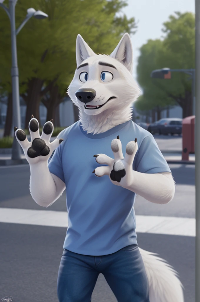 Gary \(Zootopia\), (white body:1.3), white fur, Blue eyes, Zootopia, dressed, t-shirt,jeans, , canine, wolf, detailed fur, male, antro, paw pads, finger claws, waving, waving at viewer, 5 fingers, paws, 4 toes,
BREAK from nextel, for dating, by xenoforge, (difficult, high detail, film photography, soft focus, RAW explicit cinema,
Photorealism, realistic, photorealistic, analog style, Subsurface scattering,
masterpiece, Best quality, ultra realistic, 8 k)