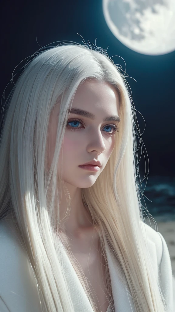masterpiece, Highest quality, (alone focus), (Perfect Face:1.1), (High detail:1.1), (Ultra-detailed eyes), dramatic, 1 person, (Pale skin), Long white hair, Psychic Eyes, (Thin eyebrows), alone, Long Hair, Tiago Azevedo, moon, night, White luxury suit, Pouting, fur, Proud look,Beach, Detailed Background, Art by artgerm, Cinema Lighting, rose, fashion, Balenciaga Style