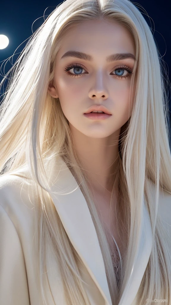 masterpiece, Highest quality, (alone focus), (Perfect Face:1.1), (High detail:1.1), (Ultra-detailed eyes), dramatic, 1 person, (Pale skin), Long white hair, Psychic Eyes, (Thin eyebrows), alone, Long Hair, Tiago Azevedo, moon, night, White luxury suit, Pouting, fur, Proud look,Beach, Detailed Background, Art by artgerm, Cinema Lighting, rose, fashion, Balenciaga Style
