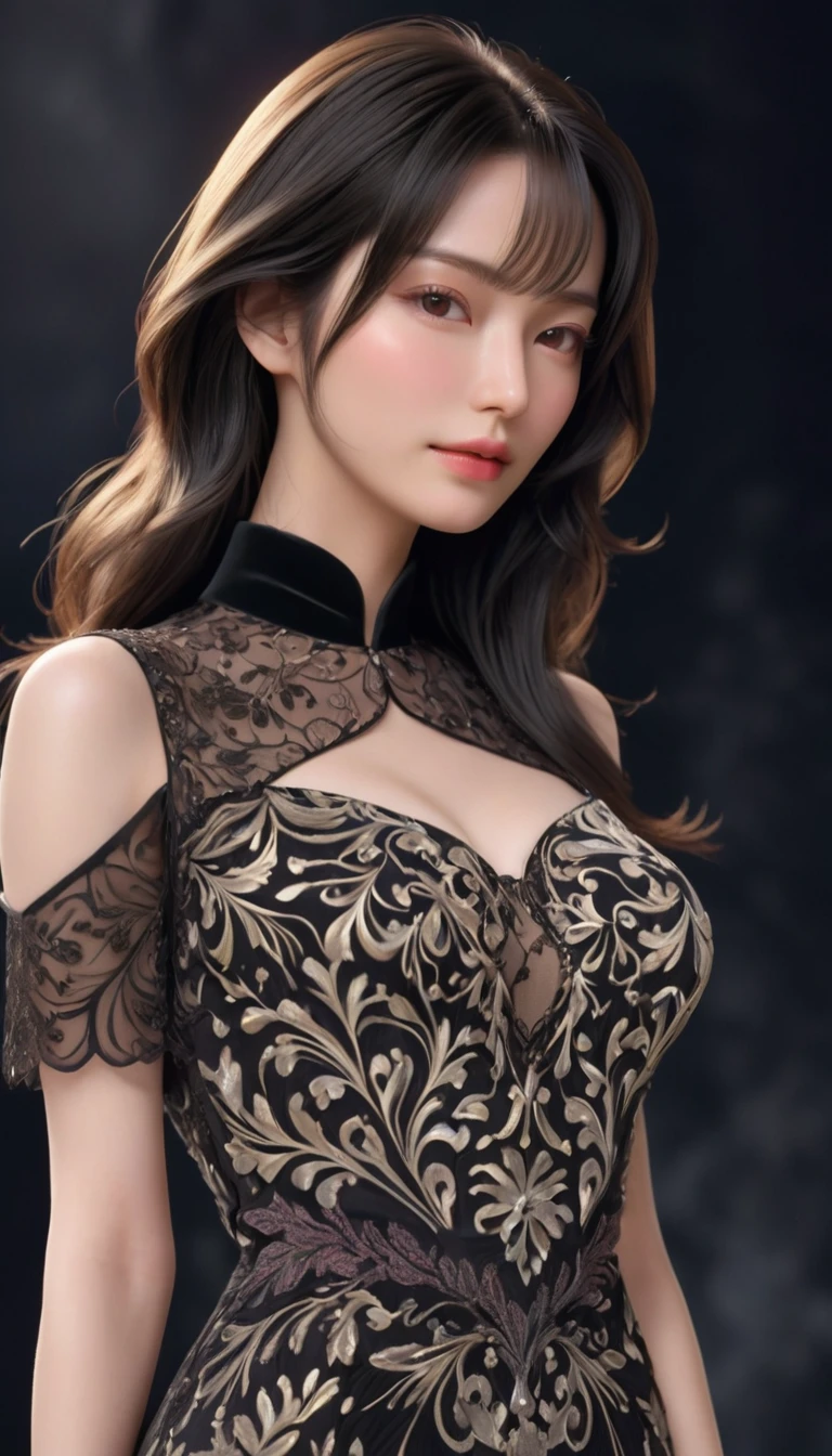((最大16K解像度のmasterpiece:1.6)),beautiful,Highest quality,Absolutely wonderful,Very detailed,Ultra-high resolution,masterpiece,Realistic,Realistic,Increased depth of field,Cinematic Light,
One elegant mature woman, Long black hair,beautiful顔,Very detailedな顔の表現,Face with a gentle expression,Transparent white skin,Very delicate skin texture,Great proportions,Anatomically correct body,
Elegant high slit dress,Gorgeous colors,Gorgeous and detailed pattern,Beautifully detailed pattern,Detailed cloth texture,
Black Background,
Focus on the upper body,((Face close-up:1.5)),