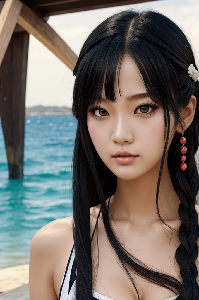 Create an image of the following girl in various scenarios from the One Piece anime, must be with the pirate Trafalgar D. Water Law in a very close situation, but as if it were enemies to lovers. The girl has very long black hair with small waves., She is thin and pale in color, Her lips are strawberry-colored Korean type, is high, but not as much as Law, her makeup is still korean.