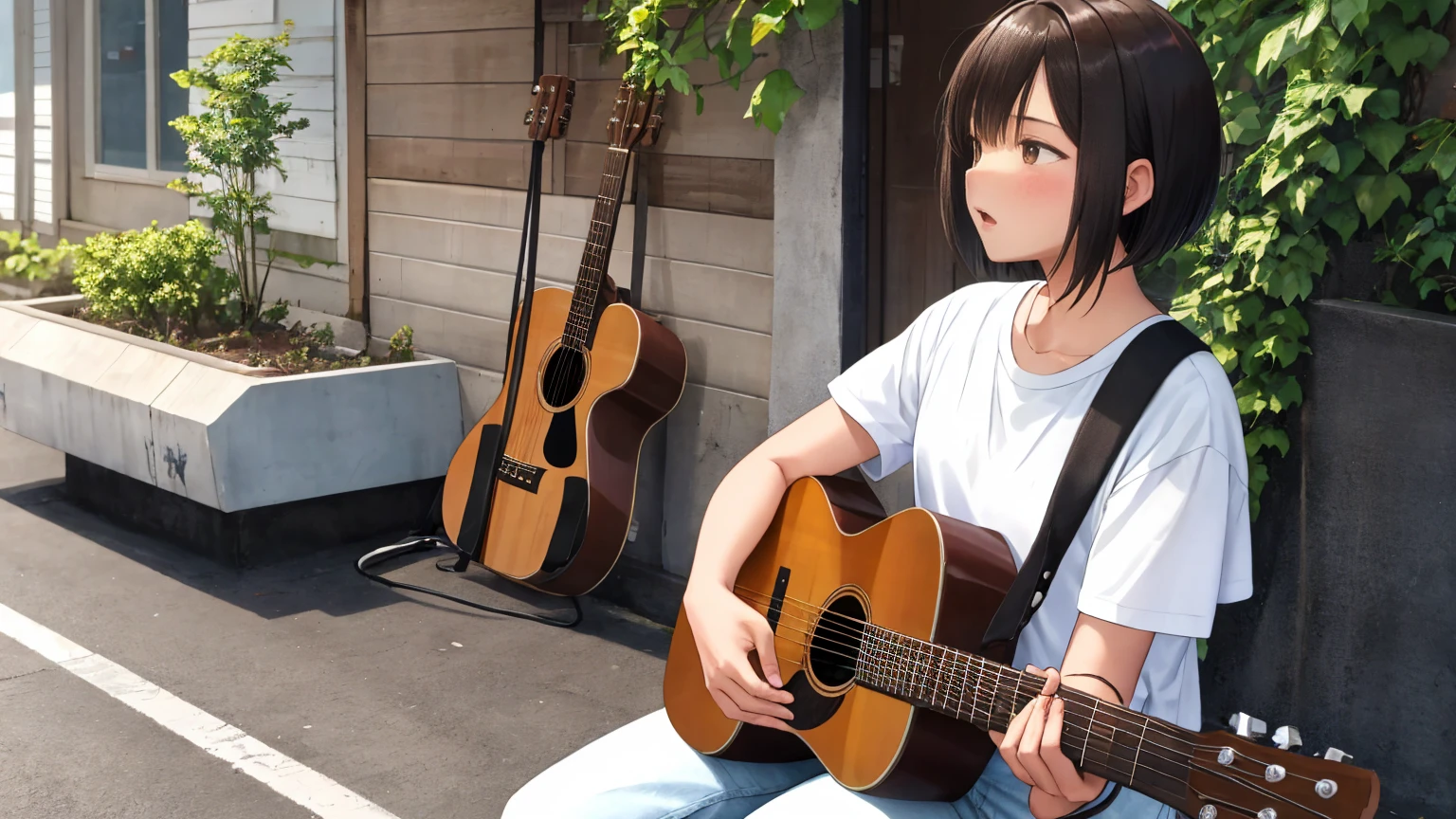 On the streets of a rural town in Southeast Asia、A man was standing there singing passionately while playing a brown acoustic guitar.２０Woman in her 20s、Her hairstyle is a short light brown bob cut.、Wearing white short sleevesＴShirt and jeans、I am singing facing forward in a state of desperate distress.、He is sitting very low and making a very dynamic pose.