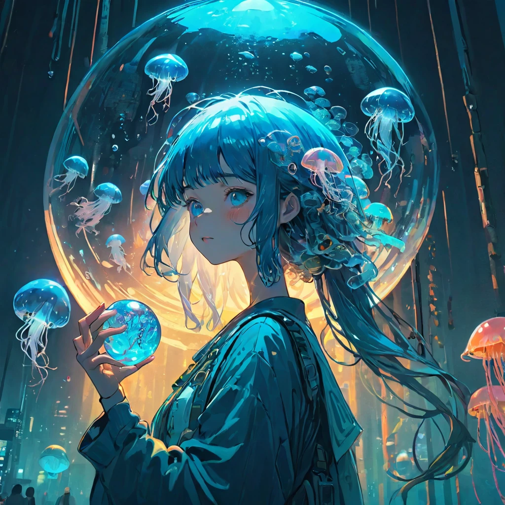 finely detailed illustration, vibrant color,High resolution、8k、pretty girl、One beautiful girl、fullbody to to the toe, happy smile、Perfect and detailed eye drawing、Highest quality、masterpiece、detailed eye and face, A person holding a glass ball with a jellyfish inside, Hologram by Beeple, Trending on CGSociety, magical realism, Cyberpunk Jellyfish, Cyberpunk Blue Lens Effect, Jellyfish Shrine Maiden, Digital Artレンダリング, Artem Demra Beeple, Spectacular concept art. Bokeh, Digital Art