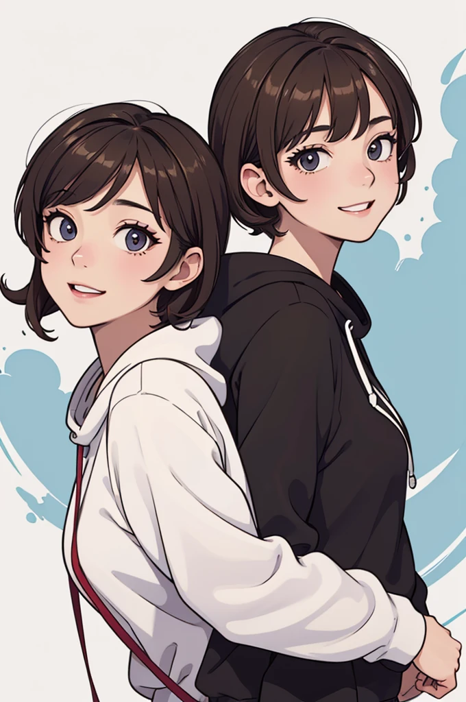 (((masterpiece, best quality, ultra highres, 1 girl, solo, no background))), super detailed skin and face and eyes and finger, beautiful japanese woman, small breasts:1.5, skinny, light brown hair, white background, very short curly pixie hair, (an illustration of girl), Knee shot, Generate with illustrations, Various expressions, Various poses, Please draw the entire character within the frame, ensuring that the head, arms, and legs are not cut off. The background should be simple, with the character positioned centrally, outline, anime, hoodie, laugh, boyish,