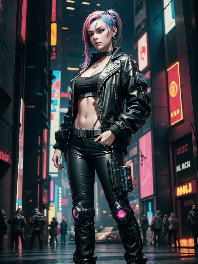 ((Best quality)), ((masterpiece)), (highly detailed:1.3), 3D, beautiful (cyberpunk:1.3) hacker woman with colored hair, black clothes looking at camera