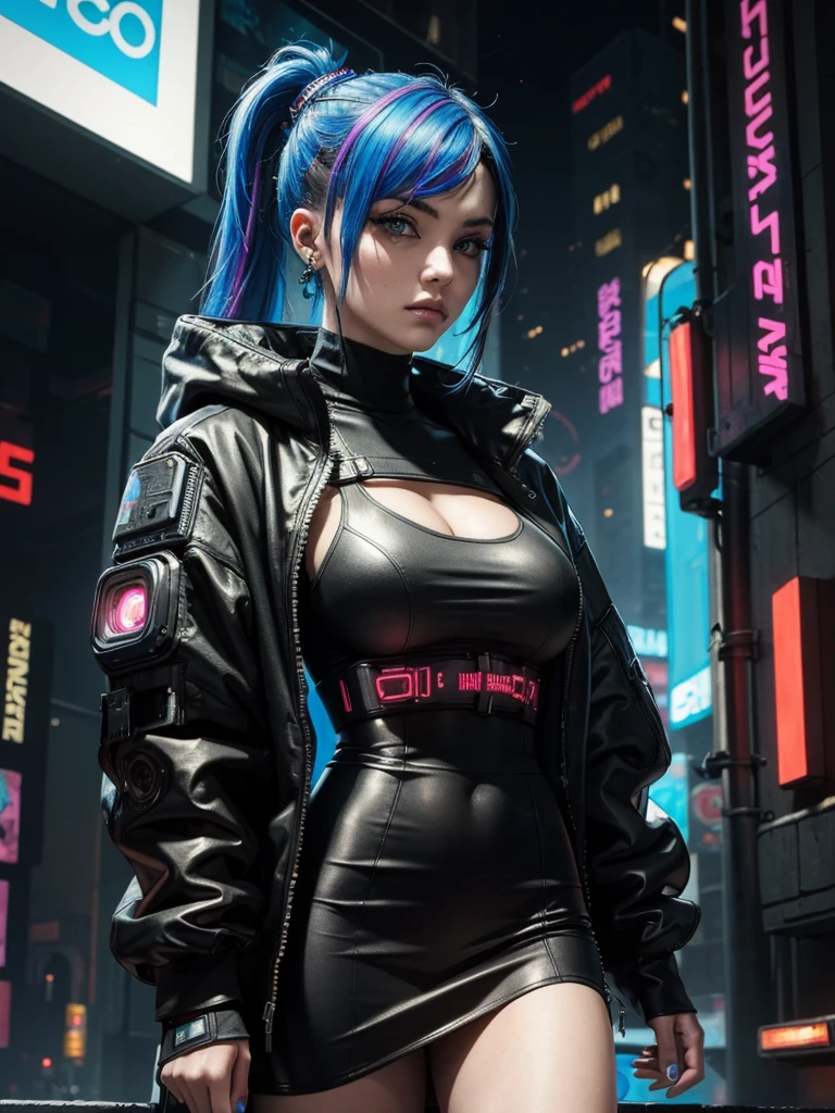 Masterpiece, best quality, Cyberpunk Girl, Trendy multi-colored hair bun, Code shirt inspired by blade runner 2049., Outstanding colors and patterns, Eye-catching accessories, Trendy and innovative, fresh makeup, Stunning city views, skyscraper, Neon Signs, ไฟ LED, Bright and bright color schemes, Fine texture, Detailed fabric, Beautifully detailed face, complicated details, Special details, 3d, 30k, movie theater light, Stunning light, shallow depth of light, Exquisite clothing details, Highly detailed, DR, sharp focus, Physics-based rendering