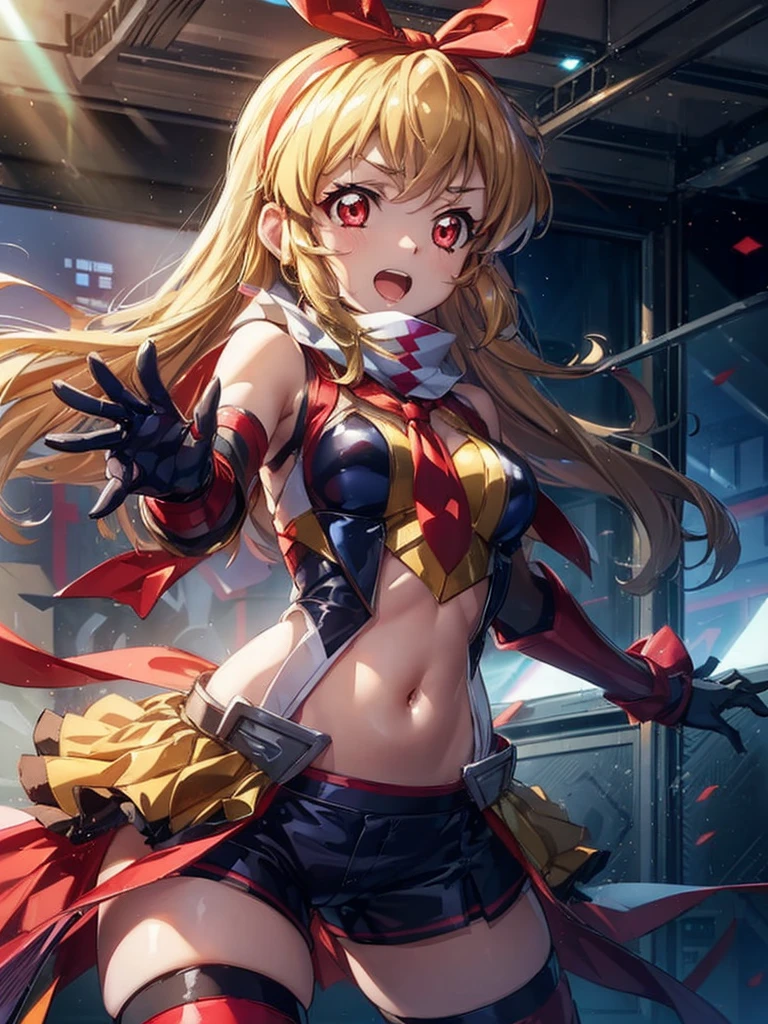 (RED Ribbon on HAIRband:1.2),aikatsu,1 girls,in senki zesshou symphogear style , Blonde long hair,black and RED battle suit,BREAK,ultra-definition, high resolution, ultra-detail CG,caustics, Live stage, in front of super large vision, singing, Battle pose,thgear, 1girl, solo, tachibana hibiki (symphogear), medium breasts, navel, headgear, gloves, gauntlets, body suit, shorts, white scarf,Ichigo Hoshimiya (Aikatsu!)