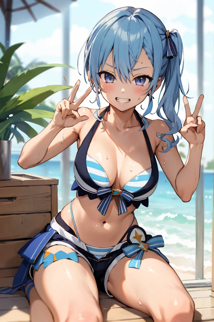 1girl, solo, detailed face, SuiseiSummer, side ponytail, hololive summer 2023 swimsuit, layered bikini, blue bikini, striped bikini, bikini shorts,indoor,grin,peace pose,(((Gyaru)))