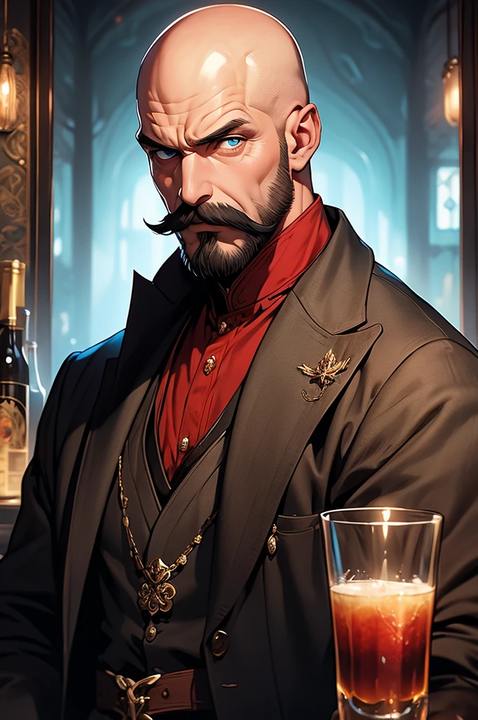 [32k, 8k, very detailed image, masterpiece], mature man, 46 years old, bald, thick and large blond mustache, deep cyan eyes, medieval bartender outfit, guild setting, [staring at viewer, grumpy expression]