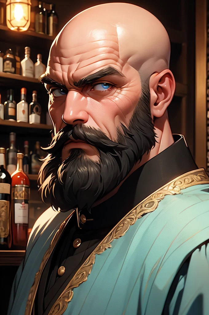 [32k, 8k, very detailed image, masterpiece], mature man, 46 years old, bald, thick and large blond mustache, deep cyan eyes, medieval bartender outfit, guild setting, [staring at viewer, grumpy expression]