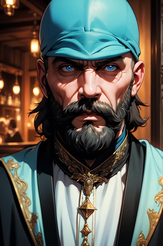 [32k, 8k, very detailed image, masterpiece], mature man, 46 years old, bald, thick and large blond mustache, deep cyan eyes, medieval bartender outfit, guild setting, [staring at viewer, grumpy expression]