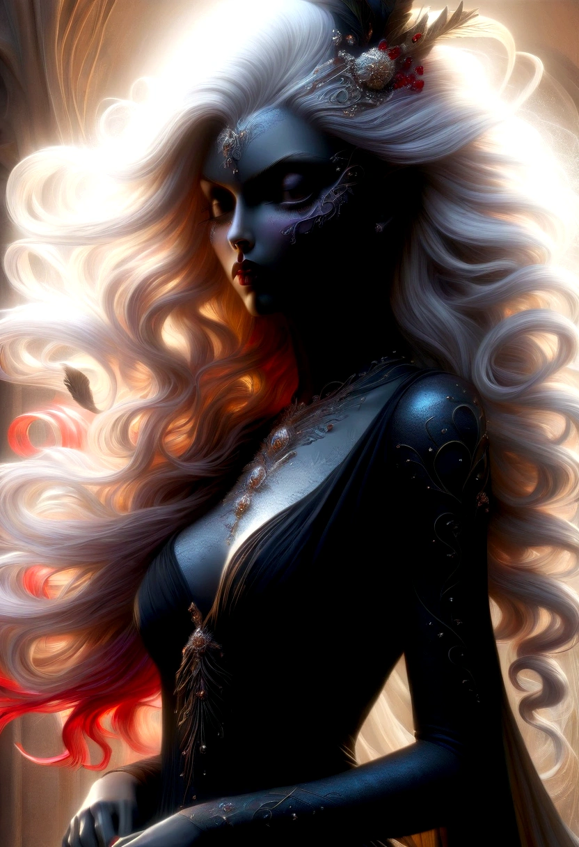 Masterpice ,Eternal Hunger as a central figure with piercing eyes, Lustful Wish in the form of a seductive glance, Desire as a subtle touch between two entities, Endless Vampiric Struggle depicted with a fierce battle, Tiring Eternity shown through weary expressions, all unified in a six-part poster, each image flowing seamlessly into the next, bioluminescent accents throughout, complex 3D render, hyper-realistic textures and skin, volumetric lighting casting an ethereal
create a digital image perfect eyes Hyper Detailed portrait, very pretty young girl, thick white hair long light billowing dress intricate black and ruby red floral design, floral accents, very long hair 1,8,
long sleeves} (((art by Mandy Disher Michael Garmash, Frank Frazetta, ))Background iridescent black color and red wire fractal swirling lines, Detailed,photorealistic, Vibrant, Sharp Focus, Character Design, Wlop, Artgerm, Kuvshinov, Character Design, Shiny Aura, 32k, golden ratio ,Masterpice ,award winningHighly Detailed, Dynamic Pose, Intricate Motifs, Organic Tracery, Perfect Composition, Warm Dreamy Tones, Digital Painting, Artstation, Smooth, Sharp Focus, Illustration, Award Winning Style & Composition)))
Golden ratio Woman in red and black dress paired with complex lace, embarrassed expression, long lilac hair flowing, close up, vibrant composition, digital painting, vibrant colors, ultra detailed