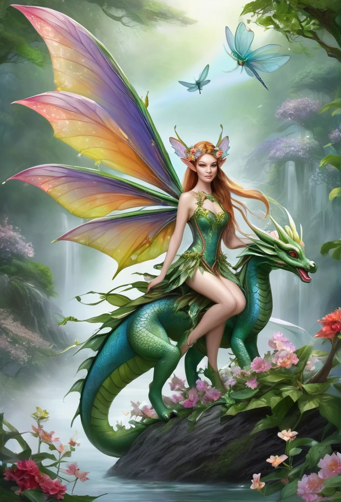 faerie,(full body),elf ears,dragonfly wings, ,hair decorated with flowers, Branches and Leaves, she's ridin on a beautiful dragon,around a scene of magic,,a bit of mist(high qualiy),(refined details),(work of art)