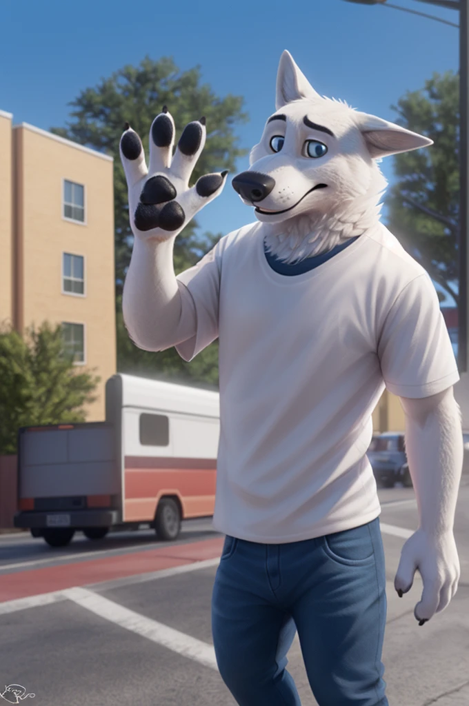 Gary \(Zootopia\), (white body:1.3), white fur, Blue eyes, Zootopia, dressed, t-shirt,jeans, , canine, wolf, detailed fur, male, antro, paw pads, finger claws, waving, waving at viewer, 5 fingers, paws, 4 toes,
BREAK from nextel, for dating, by xenoforge, (difficult, high detail, film photography, soft focus, RAW explicit cinema,
Photorealism, realistic, photorealistic, analog style, Subsurface scattering,
masterpiece, Best quality, ultra realistic, 8 k)