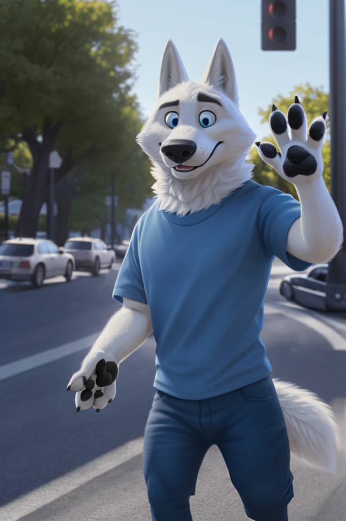 Gary \(Zootopia\), (white body:1.3), white fur, Blue eyes, Zootopia, dressed, t-shirt,jeans, , canine, wolf, detailed fur, male, antro, paw pads, finger claws, waving, waving at viewer, 5 fingers, paws, 4 toes,
BREAK from nextel, for dating, by xenoforge, (difficult, high detail, film photography, soft focus, RAW explicit cinema,
Photorealism, realistic, photorealistic, analog style, Subsurface scattering,
masterpiece, Best quality, ultra realistic, 8 k)