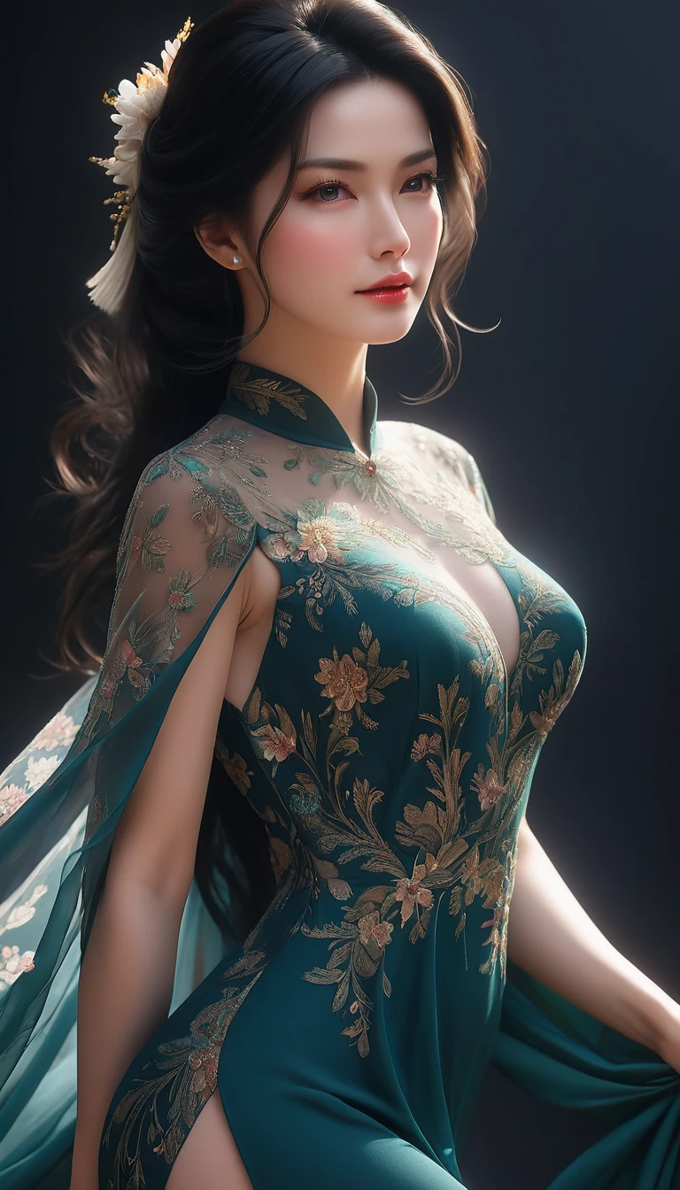 ((最大16K解像度のmasterpiece:1.6)),beautiful,Highest quality,Absolutely wonderful,Very detailed,Ultra-high resolution,masterpiece,Realistic,Realistic,Increased depth of field,Cinematic Light,
One elegant mature woman, Long black hair,精巧なディテールのbeautiful顔,Face with a gentle expression,Transparent white skin,Very delicate skin texture,Great proportions,Glamorous Body,Anatomically correct body,
high slit dress,Gorgeous colors,Gorgeous and detailed pattern,Beautifully detailed pattern,Detailed cloth texture,
((Dark Background:1.3)),((Cinematic Angle:1.3)),