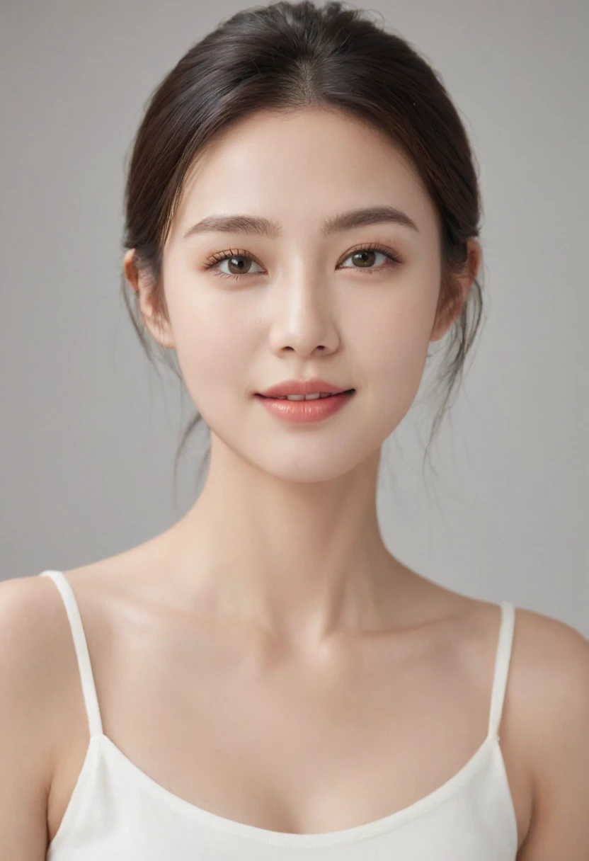 "Create a realistic image of a 22-year-old woman looking straight ahead. She has clear and smooth skin, with an even and healthy tone, no imperfections. Your hair is long, brown and wavy, falling gently on the shoulders. Her eyes are light brown, grandes e expressivos, with long eyelashes and well-defined eyebrows. She has an oval face, with slightly rosy cheeks and full lips with a subtle smile. She is wearing a simple white blouse, with light, natural makeup, highlighting your natural beauty. The background of the image is neutral, preferably light in color, to highlight your facial features. Lighting is soft and even, no harsh shadows, to enhance skin texture and facial details."