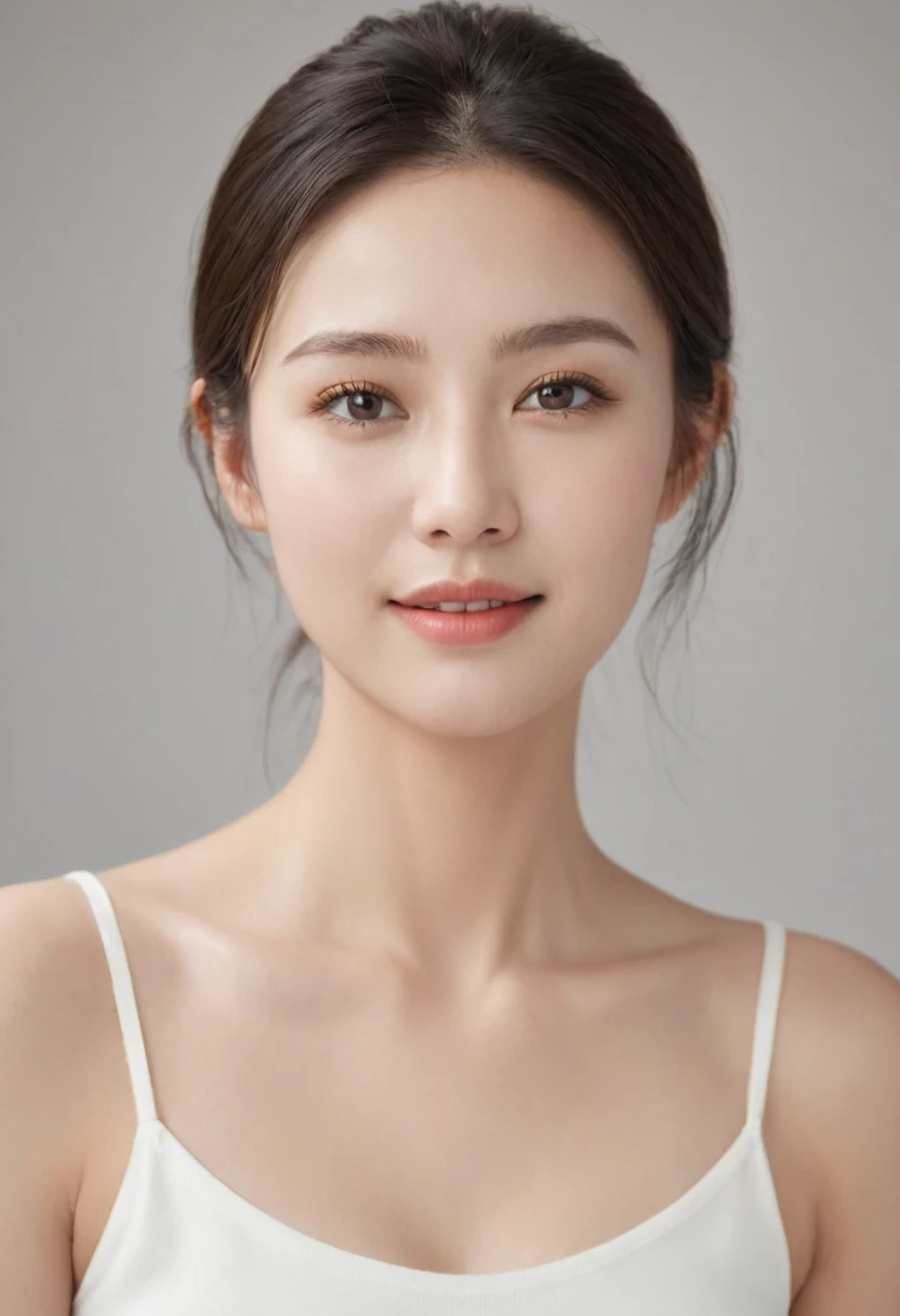 "Create a realistic image of a 22-year-old woman looking straight ahead. She has clear and smooth skin, with an even and healthy tone, no imperfections. Your hair is long, brown and wavy, falling gently on the shoulders. Her eyes are light brown, grandes e expressivos, with long eyelashes and well-defined eyebrows. She has an oval face, with slightly rosy cheeks and full lips with a subtle smile. She is wearing a simple white blouse, with light, natural makeup, highlighting your natural beauty. The background of the image is neutral, preferably light in color, to highlight your facial features. Lighting is soft and even, no harsh shadows, to enhance skin texture and facial details."