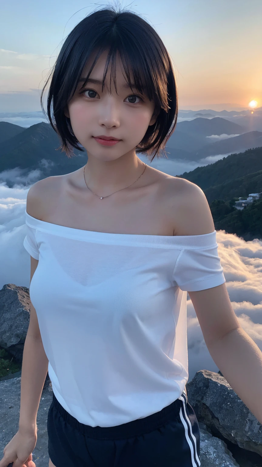 Highest quality, masterpiece, Ultra-high resolution, (Realistic:1.3), RAW Photos, (Nature landscape photography), (Majestic Mountain々The summit of the, sea of clouds), (On top of a very large mountain), (sunset), (One Girl), (Upper Body), (20-year-old), (smile:0.9), (Shiny skin), (short hair, Dark brown hair), (A loose white see-through T-shirt), (Tight casual super short pants),(Off the shoulder)、 (Ultra detailed face), (Nipple erection:1.2), (Highly detailed eyes), (Highly detailed nose), (Highly detailed mouth), (Very skilled hands), (Super-detailed body), Sony a7, 85mm lens, f9.0, Pan Focus
、High-quality lace panties available、(Face the camera with your body facing forward、Face to face:1.3)、(Hands on the ground、slouch、doggystyle:1.3)、Shoot from below、Big Tits