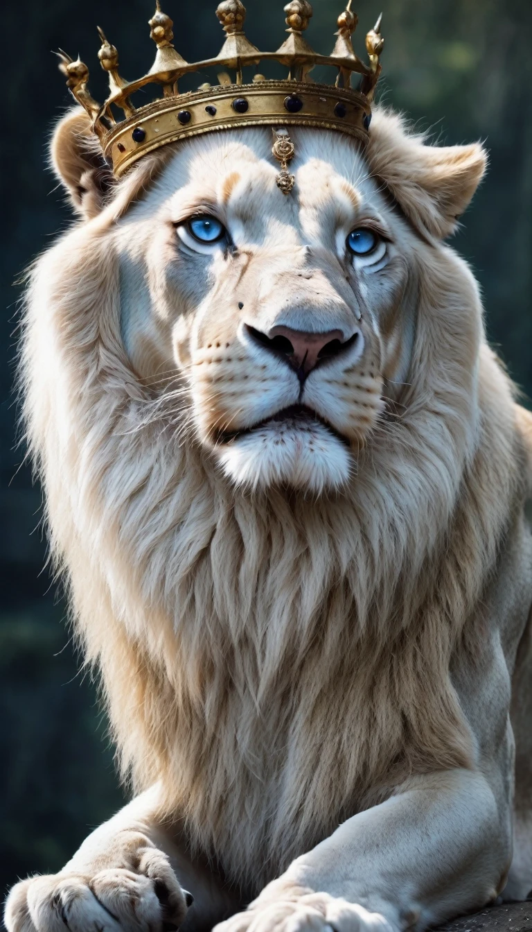 White lion with blue eyes and crown, scary, intimidating