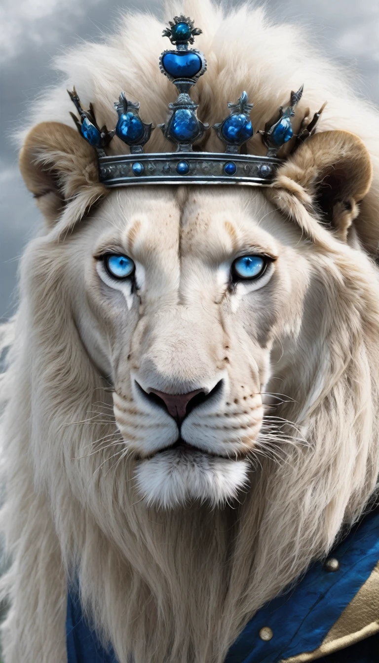 White lion with blue eyes and crown, scary, intimidating