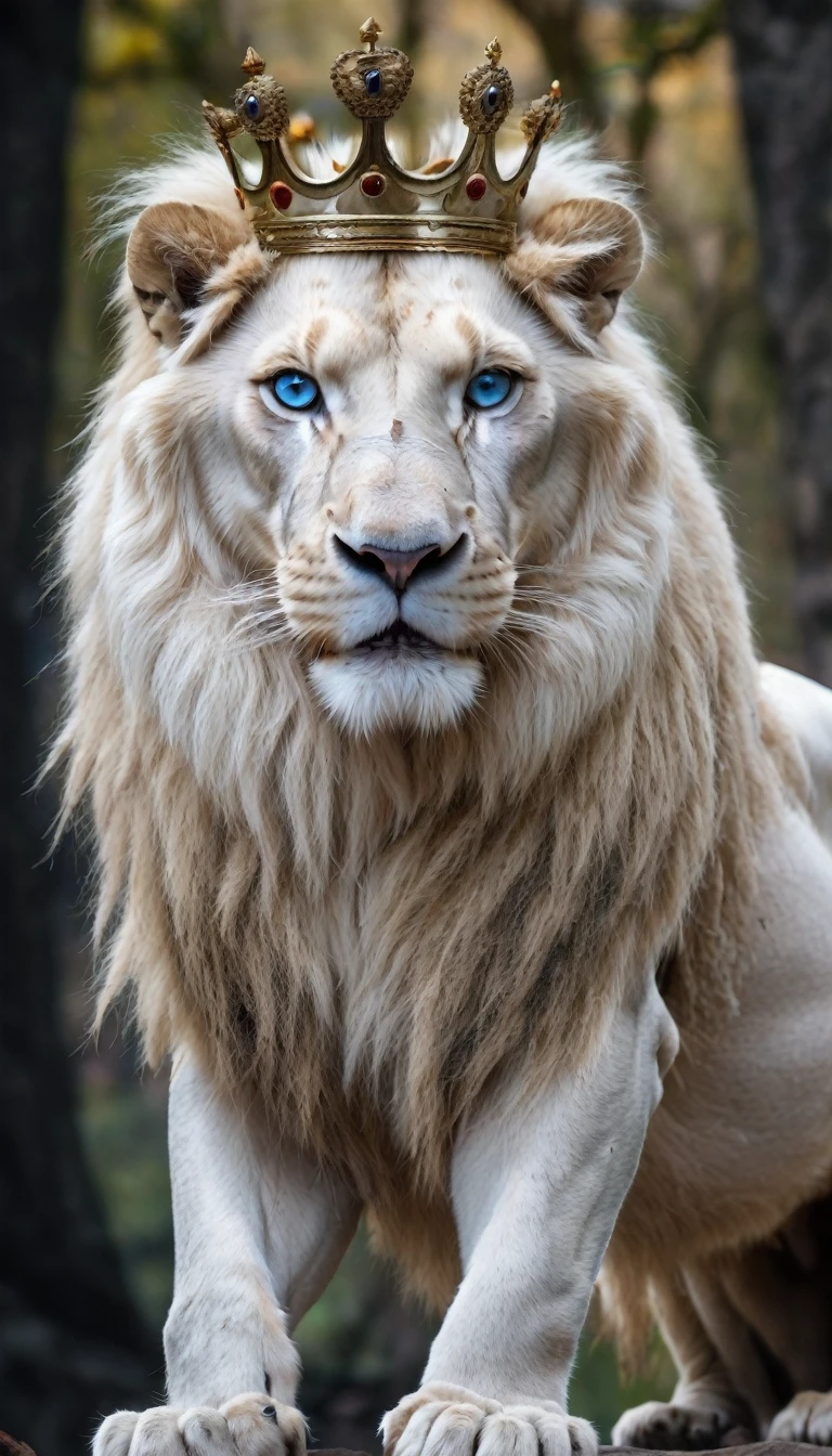 White lion with blue eyes and crown, scary, intimidating