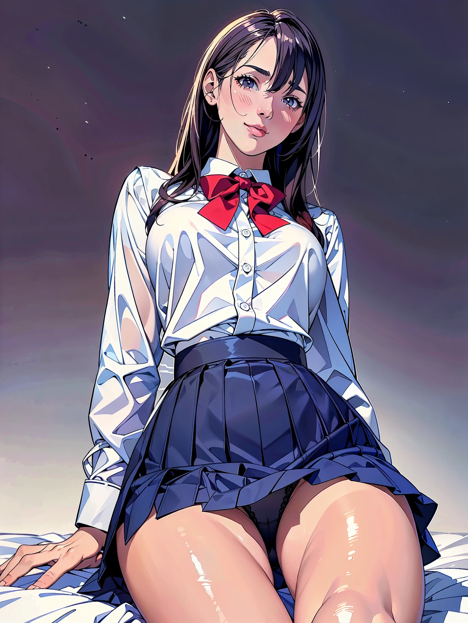 (Highest quality、Masterpiece、、Highest quality、Hyperrealism、Ultra HD)、(White polyester collared blouse:1.2)、(Navy Pleated Skirt:1.4)、( Red bow tie on chest:1.1)、Perfect Style、Perfect body line、Large Breasts、Slender body、Perfect beautiful anime style、Smooth anime CG art、(The simplest pure white background:1.1)、(No background:1.5)、Sitting、Thighs、(Open your crotch to see your panties:1.1)、(Panties shot from below:1.1)、Embarrassed expression、blush、smile
