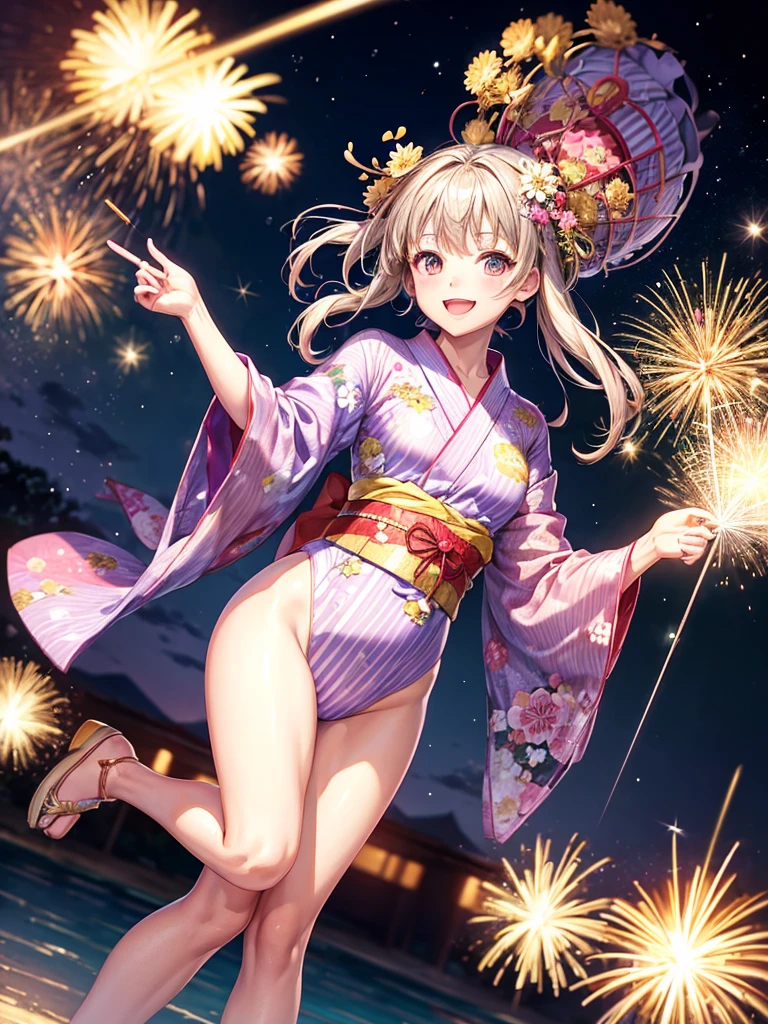 Highest quality,Highest Resolution,(((Yukata leotard)))A beautiful girl with a crying face,(((Open your mouth and drool))),Night view,Fireworks,High leg,Yukita,whole body,Tears,Sweating profusely,(((Holding a cup in your hand))),