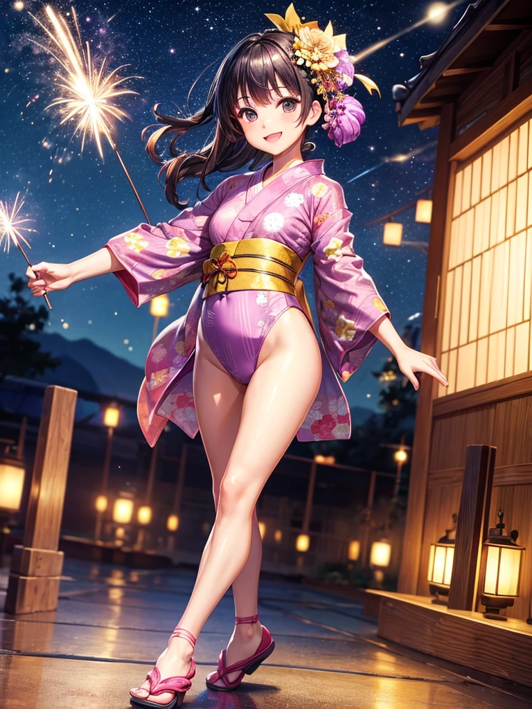 Highest quality,Highest Resolution,(((Yukata leotard)))Beautiful smiling girl,Night view,Sparkler,High leg,Yukita,