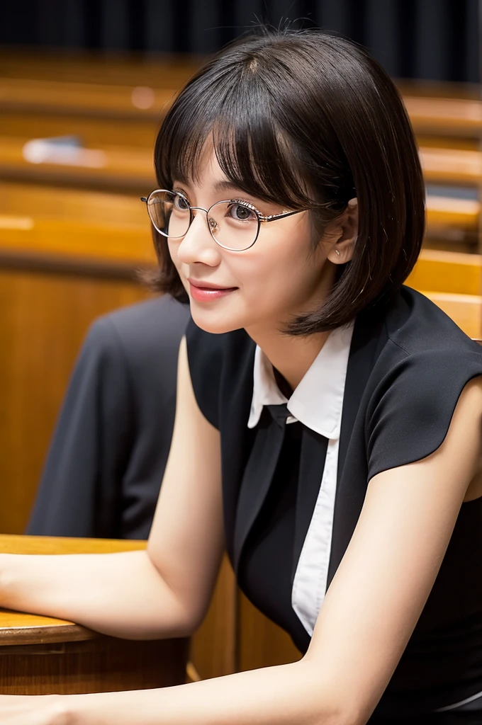 Adult sex appeal、University lecture hall, university psychology associate professor, ((full body)), ((photo)), ((best qualtiy, 8K, tmasterpiece:1.3)), Focus:1.2, perfect figure beautiful woman:1.41woman, cowboy shot, look at viewer, eyes facing the camera, incredibly absurd, beautiful and cute woman with a photorealistic face, showcasing top-quality craftsmanship, A Japanese woman giving a lecture at a university lecture hall, 27 years old, with a bob cut and flipped hair, short bangs swept at an angle, smooth and shiny hair, natural hairline, fair and smooth skin, plump and healthy cheeks, large, jet black eyes, round eyes, long and upward-facing eyelashes, double eyelids, thin and straight eyebrows, small and round nose, plump lips, upturned corners of the mouth, charming smile, cute face, glamorous, well-balanced proportions, tall, beautiful D-cup breasts, silver-rimmed glasses, pink blouse, black tight skirt, fashion with a waist-marked silhouette, scarf, heeled shoes, vanilla perfume, beautiful, pretty older woman, glasses suit her, knowledgeable, playful, curious, smart, elegant, November