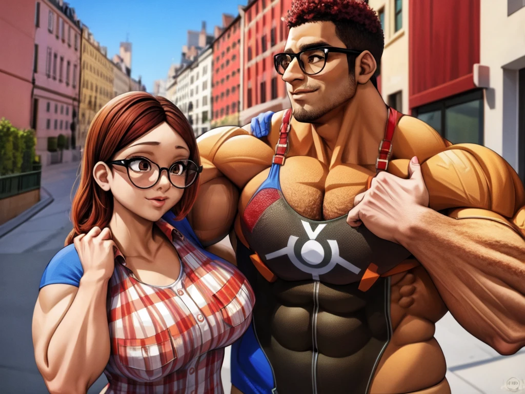 male Nino Lahiffe: Brown skin, dark hair, usually seen wearing a red cap, glasses,underwear, and a female Alya Césaire: Brown skin, curly dark brown hair, often wears glasses,bikini,muscular hyper-realistic bodybuilding couple, extremely detailed and muscular male and female bodybuilders, shredded physiques, ((highly defined abs, veins, bulging muscles, flexing, intense facial expressions,)) outdoor natural setting, dramatic lighting, cinematic composition, photorealistic, trending on artstation, 8k, high resolution, hyper-detailed,both are flexing their muscle i competition.
