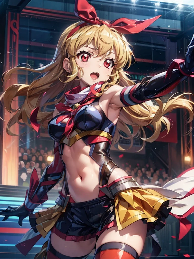 (RED Ribbon on HAIRband:1.2),aikatsu,1 girls,in senki zesshou symphogear style , Blonde long hair,black and RED battle suit,BREAK,ultra-definition, high resolution, ultra-detail CG,caustics, Live stage, in front of super large vision, singing, Battle pose,thgear, 1girl, solo, tachibana hibiki (symphogear), medium breasts, navel, headgear, gloves, gauntlets, body suit, shorts, white scarf,Ichigo Hoshimiya (Aikatsu!)