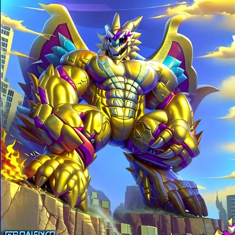 (masterpiece. official art. 8k. best quality. detailed full body. full body.)
(situation 1 : dominating exveemon. exveemon is over 1000 meters long. focus GIANT mechanical Muscular exveemon is trampling the city. Looking down. macro. stomp. Low-angle perspective. emphasizing the immense size.)
(situation 2 :smoke and flames rising from the destruction in the city)
(Additional details 1: wearing a full-face helmet. high-tech bio-mecha armor. real texture material. whole body shines like metal. Wearing cyberpunk mecha. emphasizes the muscles. suit fully made of metal. intricate armor. Robotic suit. suit fully made of metal. cyborg. The Phoenix Wolf. golden armor.).
(Additional details 2: Detailed head. Detailed Body. Detailed abs. gigantic muscles. HYPER MUSCLES. Gigachad Muscular. big muscle. pecs. triceps. traps. unusually developed muscular body. body full of huge muscles. showing off muscles. pectorales enormes. Exaggeratedly huge muscles. huge muscles. long legs.).
(Additional details 3: nj5furry, Spread wings. It has wings. black have big wings. The claws are sharp. Sharp teeth.).