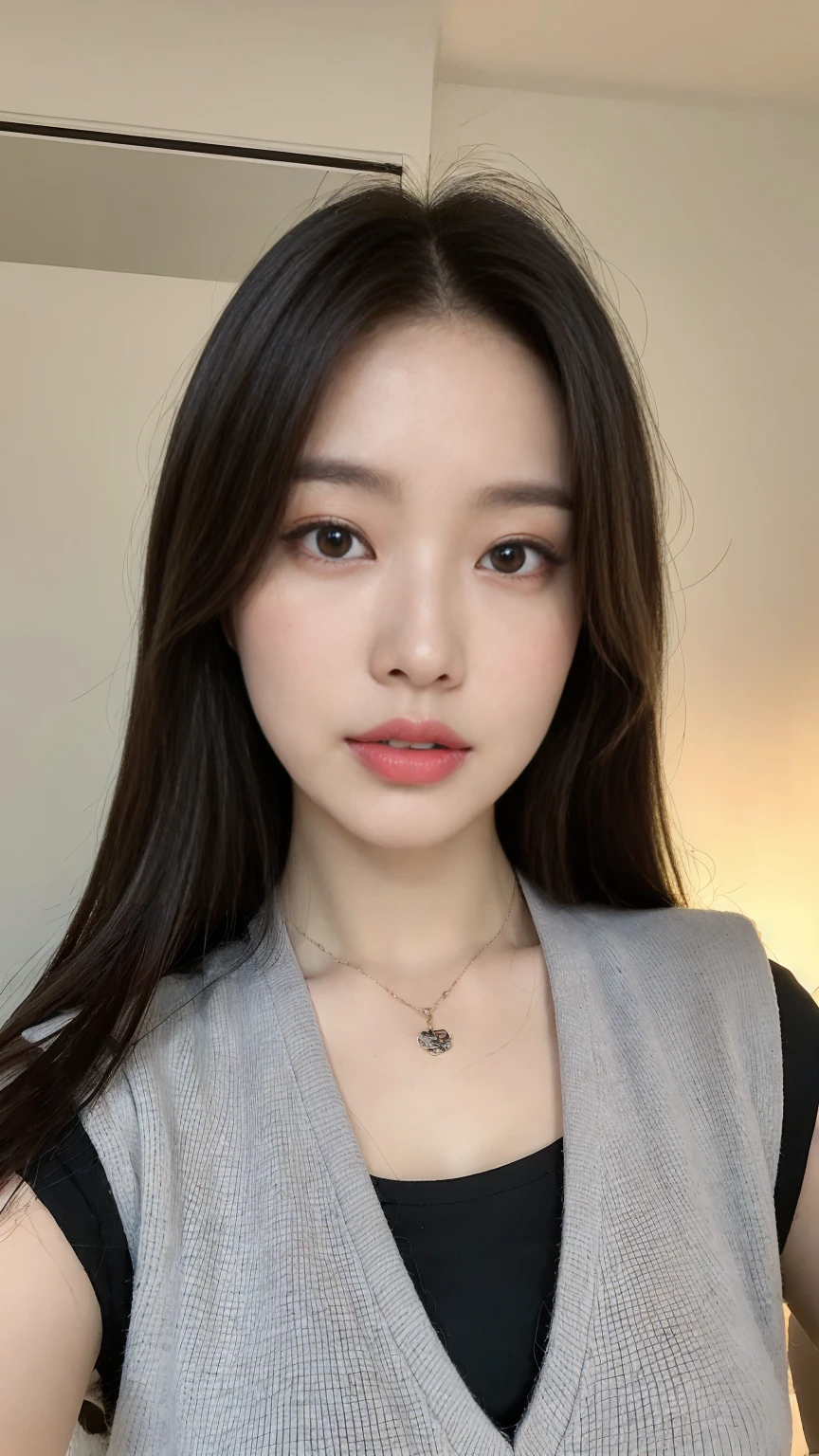 （lifelike， high resolution：1.3）， 1 girl with a perfect figure， Delicate facial features，Double eyelids，Long eyelashes，Tall nose，Wear a necklace，Long hair， Random color vest：1.2， Short jeans， Big ，Showing cleavage