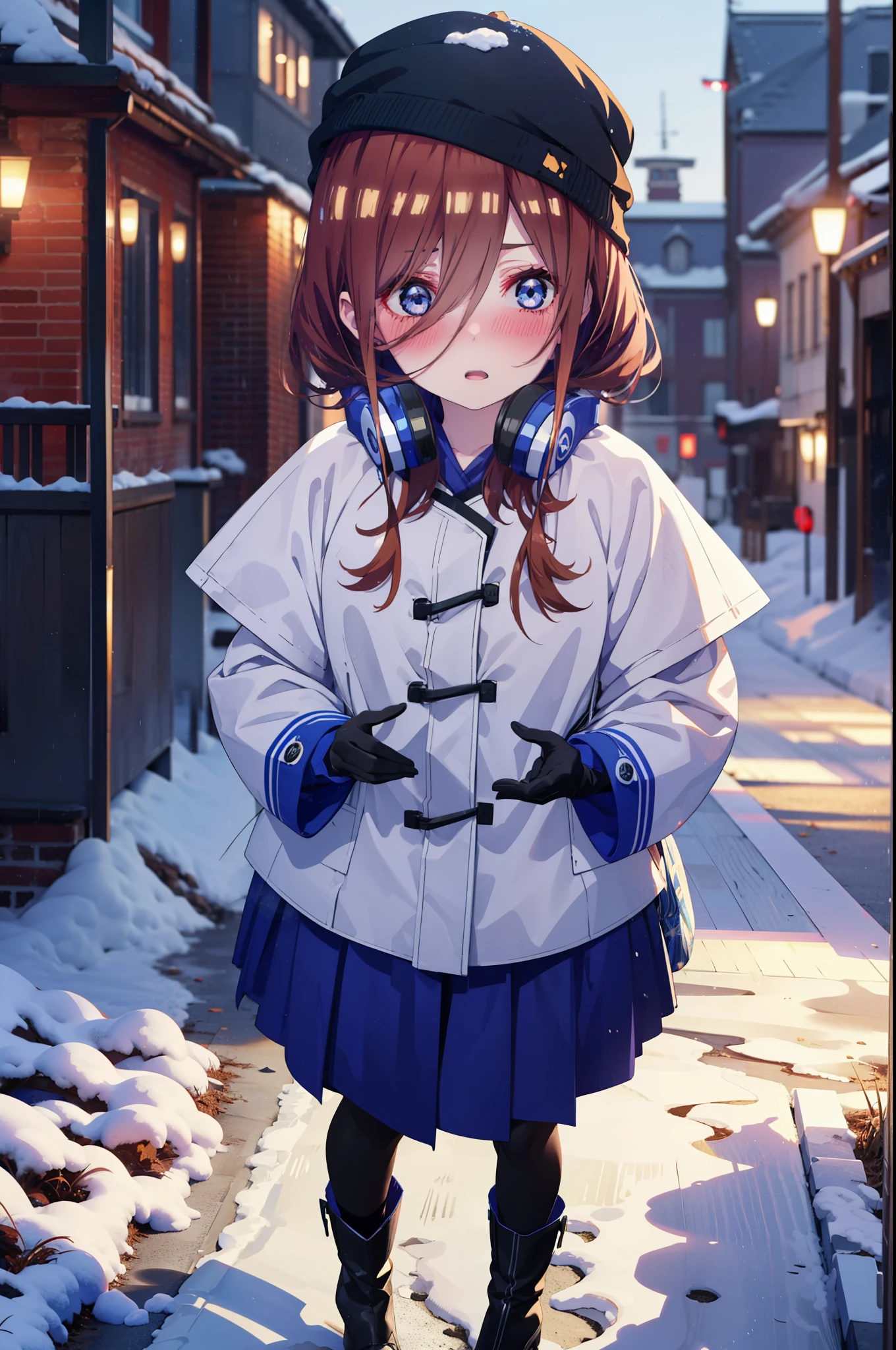 Mikunakano, miku nakano, Long Hair, bangs, blue eyes, Brown Hair, shirt, Hair between the eyes,blush, Open your mouth,White Breath,Scarf,Headphones around neck,Knitted hat,Blue long coat,V-neck sweater,Long skirt,Black pantyhose,short boots,Fluffy gloves,Standing leaning against a wall,Snow is piled up,It's snowing,whole bodyがイラスト入るように,Hidden in a building with a roof,
break outdoors, Building district,
break looking at viewer, whole body,
break (masterpiece:1.2), Highest quality, High resolution, unity 8k wallpaper, (figure:0.8), (Beautiful attention to detail:1.6), Highly detailed face, Perfect lighting, Highly detailed CG, (Perfect hands, Perfect Anatomy),