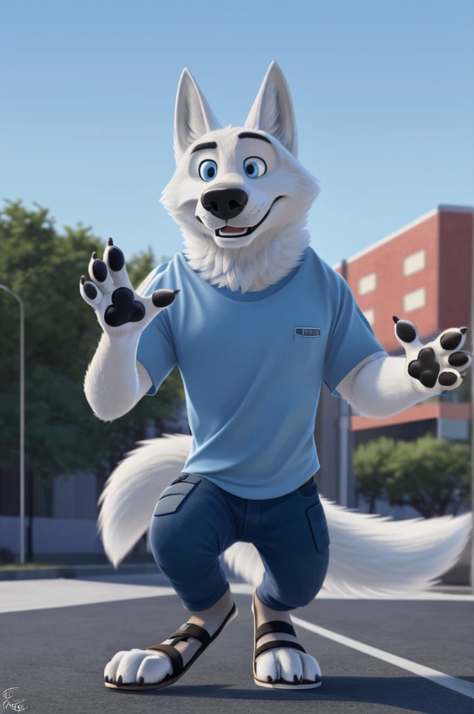 Gary \(Zootopia\), (white body:1.3), white fur, Blue eyes, Zootopia, dressed, t-shirt,jeans,sandals , canine, wolf, detailed fur, male, antro, paw pads, finger claws, waving, waving at viewer, 5 fingers, paws, 4 toes,
BREAK from nextel, for dating, by xenoforge, (difficult, high detail, film photography, soft focus, RAW explicit cinema,
Photorealism, realistic, photorealistic, analog style, Subsurface scattering,
masterpiece, Best quality, ultra realistic, 8 k)