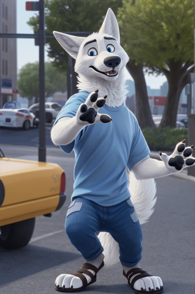 Gary \(Zootopia\), (white body:1.3), white fur, Blue eyes, Zootopia, dressed, t-shirt,jeans,sandals , canine, wolf, detailed fur, male, antro, paw pads, finger claws, waving, waving at viewer, 5 fingers, paws, 4 toes,
BREAK from nextel, for dating, by xenoforge, (difficult, high detail, film photography, soft focus, RAW explicit cinema,
Photorealism, realistic, photorealistic, analog style, Subsurface scattering,
masterpiece, Best quality, ultra realistic, 8 k)
