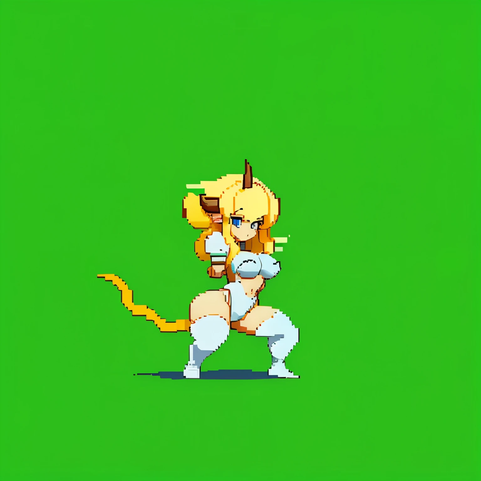 The eyes and head are much smaller than the body, and the limbs are long. A large Castlevania-style full-body color pixel art.、Minotaur Monster Girl、Pixel art of an anime-style girl with large yellow bull horns on her head、Long, cream-colored hair、Her butt is facing me、Bending、Large Breasts