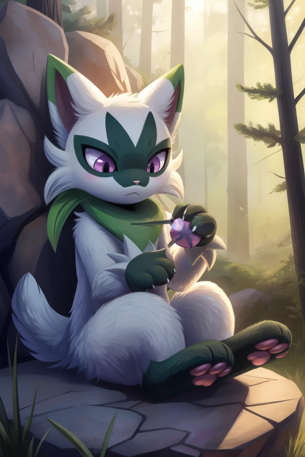 Floragato, furry pokemon, cat, feet, Only, (Body fur:1.2), (Best quality), (Detailed fluffy fur:1.1), Animal hands, tail, shiny pokemon, female, purple eyes, solo, forest, day, sitting on a rock wall, bored expression, looking down, yo-yo on paw