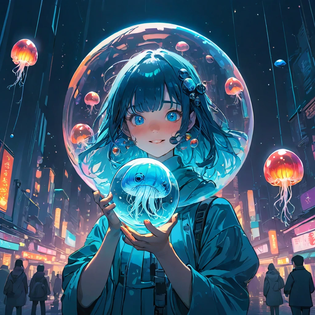 finely detailed illustration, vibrant color,High resolution、８ｋ、pretty girl、One beautiful girl、fullbody to to the toe, happy smile、Perfect and detailed eye drawing、Highest quality、masterpiece、detailed eye and face, A person holding a glass ball with a jellyfish inside, Hologram by Beeple, Trending on CGSociety, magical realism, Cyberpunk Jellyfish, Cyberpunk Blue Lens Effect, Jellyfish Shrine Maiden, Digital Artレンダリング, Artem Demra Beeple, Spectacular concept art. Bokeh, Digital Art