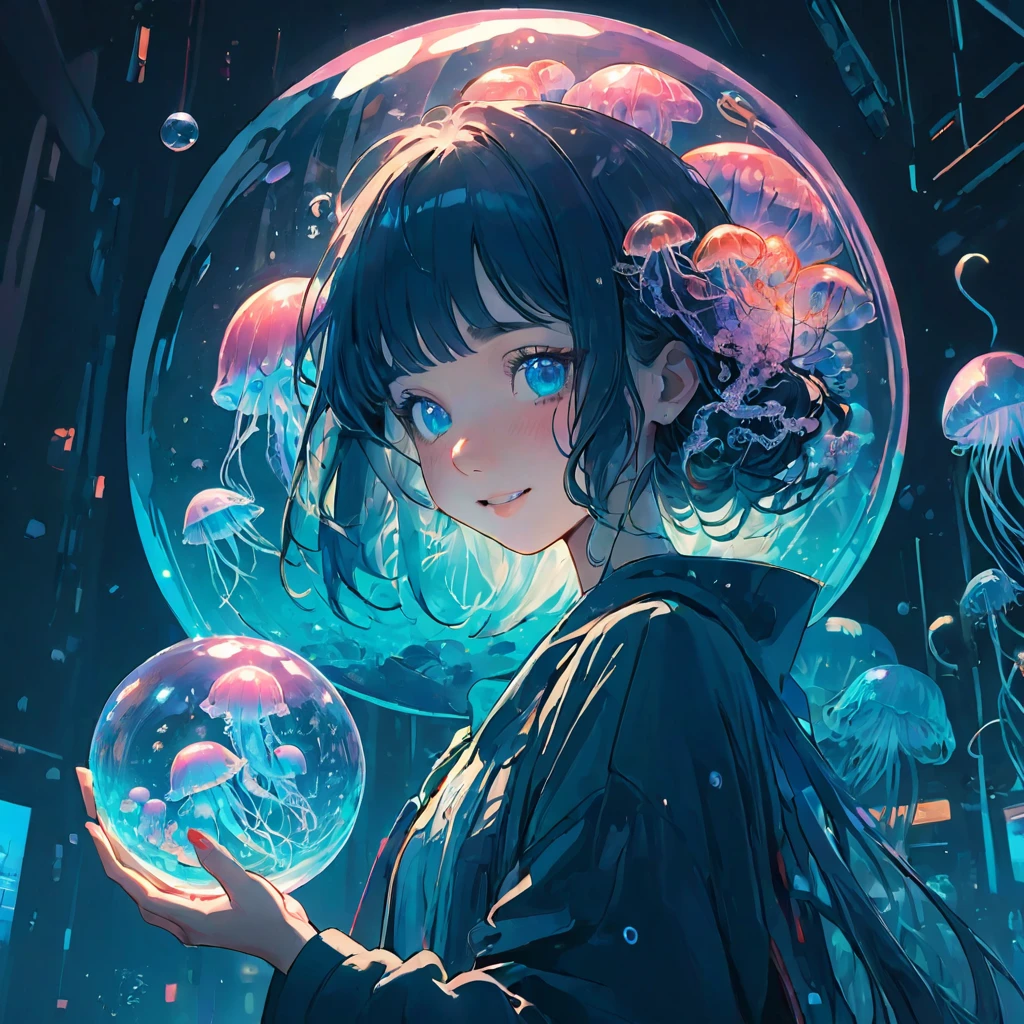 finely detailed illustration, vibrant color,High resolution、8k、pretty girl、One beautiful girl、fullbody to to the toe, happy smile、Perfect and detailed eye drawing、Highest quality、masterpiece、detailed eye and face, A person holding a glass ball with a jellyfish inside, Hologram by Beeple, Trending on CGSociety, magical realism, Cyberpunk Jellyfish, Cyberpunk Blue Lens Effect, Jellyfish Shrine Maiden, Digital Artレンダリング, Artem Demra Beeple, Spectacular concept art. Bokeh, Digital Art