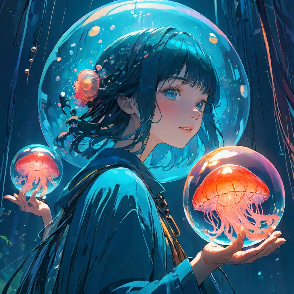 finely detailed illustration, vibrant color,High resolution、８ｋ、pretty girl、One beautiful girl、fullbody to to the toe, happy smile、Perfect and detailed eye drawing、Highest quality、masterpiece、detailed eye and face, A person holding a glass ball with a jellyfish inside, Hologram by Beeple, Trending on CGSociety, magical realism, Cyberpunk Jellyfish, Cyberpunk Blue Lens Effect, Jellyfish Shrine Maiden, Digital Artレンダリング, Artem Demra Beeple, Spectacular concept art. Bokeh, Digital Art